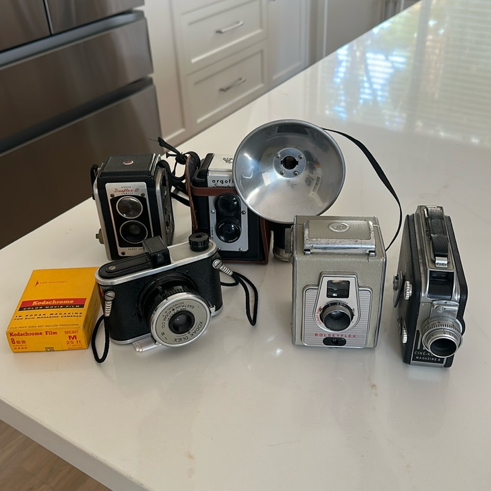 5 Vintage Cameras - Black and Silver